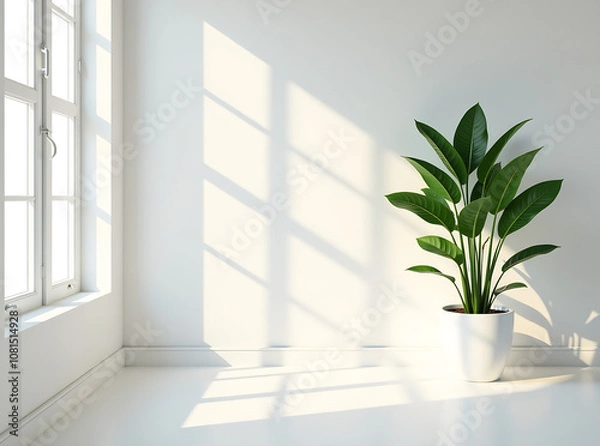 Fototapeta Sunlight streaming through large windows into a white room with a potted plant, creating a serene, minimalist atmosphere.