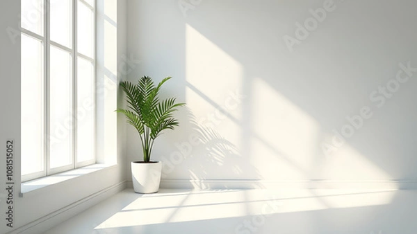 Fototapeta Sunlight streaming through large windows into a white room with a potted plant, creating a serene, minimalist atmosphere.