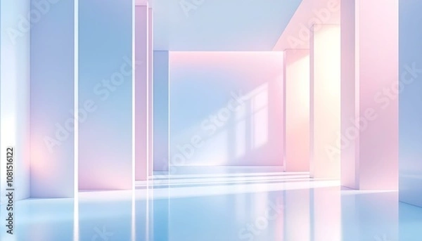 Fototapeta Minimalist abstract 3d render of a modern interior with blue and pink gradient lighting and reflective surfaces futuristic digital art background. Abstract room interior with pink and blue neon light.