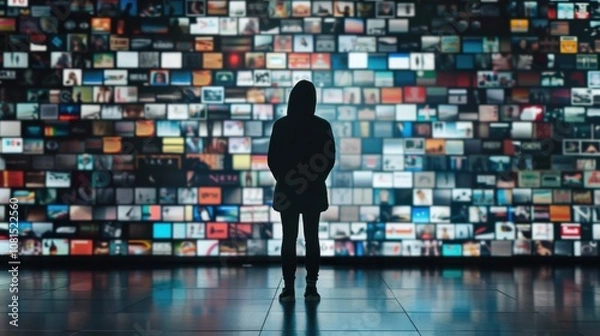 Obraz A striking image of a lone person standing before a vast wall of advertisements, representing the overwhelming influence of consumerism and media saturation, Symbolizing the pressure of materialism