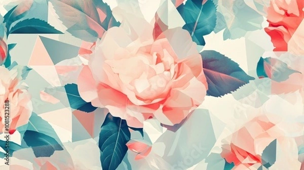 Fototapeta Dreamlike fusion of nature and geometry, digital wallpaper bursting with vibrant hues. Delicate floral motifs intertwine with bold geometric shapes, evoking both vintage charm and minimalist