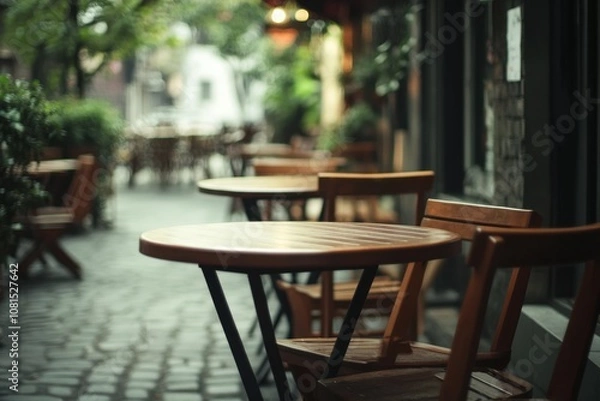 Fototapeta Empty cafe tables on a cobblestone street with green plants and blurred background.