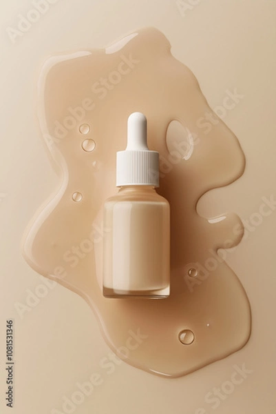 Obraz Minimalist Shot of 50ml Serum in Matte Glass Bottle – Top-View with Beige Liquid on Light Beige Background