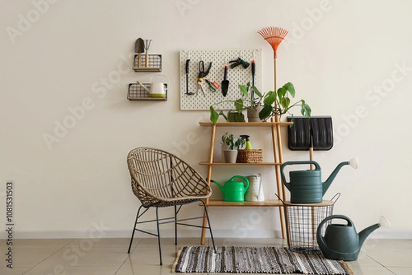 Fototapeta Interior of workshop with gardening tools, pegboard and armchair