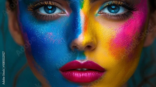 Fototapeta Close-up of woman's face with vibrant artistic face paint