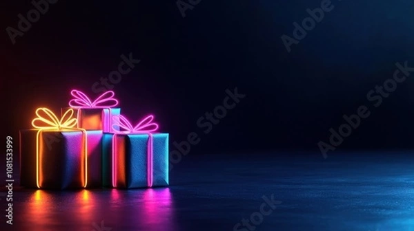 Fototapeta Colorful neon gift boxes on a dark background, perfect for celebrations and events.