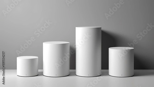 Fototapeta Minimalist arrangement of white cylindrical pedestals on a gray gradient background