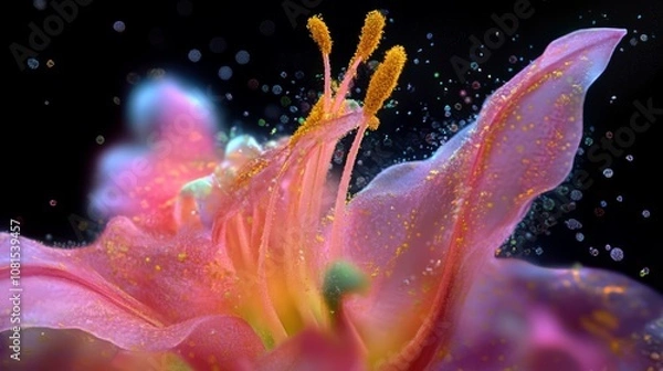 Obraz A close-up of a pink lily flower with glowing pollen and particles against a dark background.