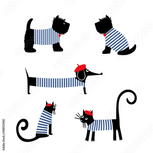 Fototapeta French style animals set. Cute cartoon parisian dachshund, cat and scottish terrier vector illustration. French style dressed dogs and cats with red beret and striped frock.