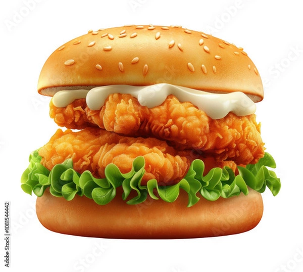 Obraz Delicious fried chicken sandwich with lettuce and mayonnaise on a sesame seed bun.