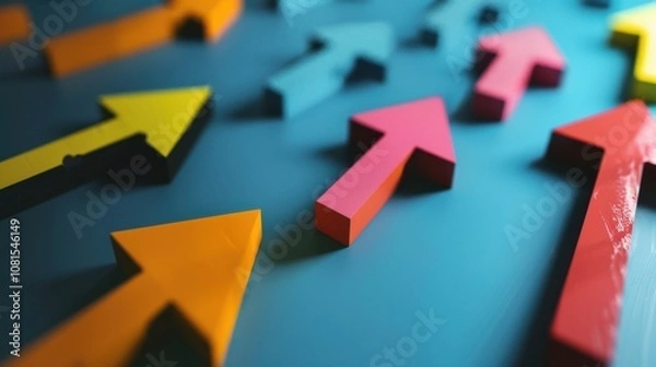 Obraz An abstract representation of equitable progress, depicting a series of differently sized and colored arrows moving together towards a common goal