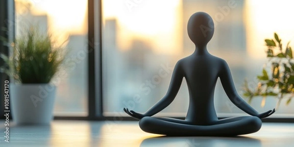 Fototapeta A serene figure meditating in a sunlit room with plants, promoting mindfulness and tranquility.