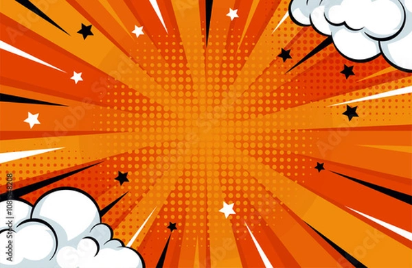 Fototapeta Pop art comic blank background on red with clouds