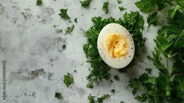 Fototapeta Soft-boiled egg garnished with parsley on marble surface