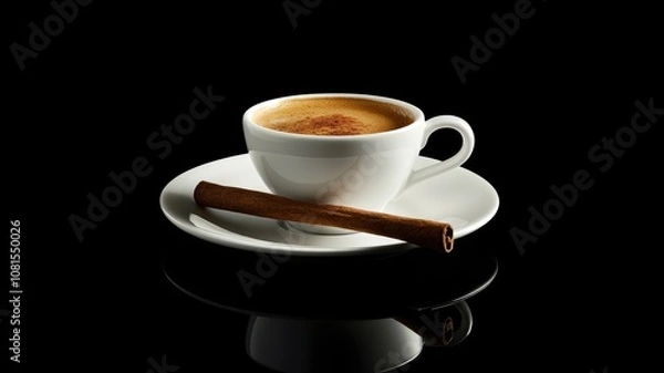 Obraz White cup of coffee with cinnamon stick on saucer against black background