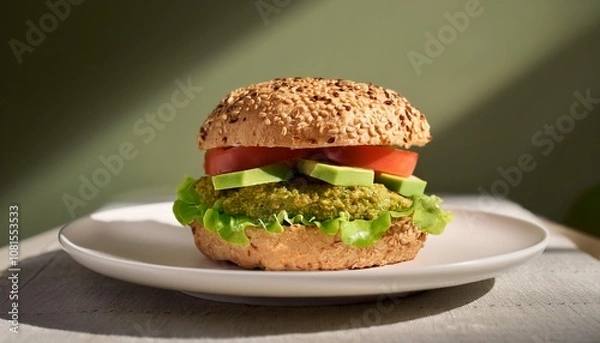 Fototapeta Bold Presentation of a Gluten-Free Vegan Burger on a Clean White Plate with Avocado, Lettuce, and Tomato, Captured in Crisp Detail with a Minimalist Background