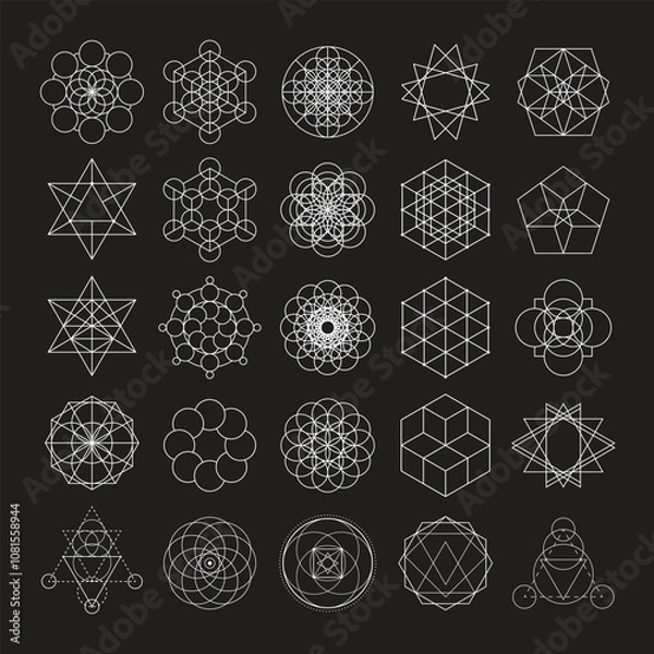 Fototapeta Set of sacred geometry vector design elements. Alchemy, religion, philosophy, spirituality, hipster symbols and elements