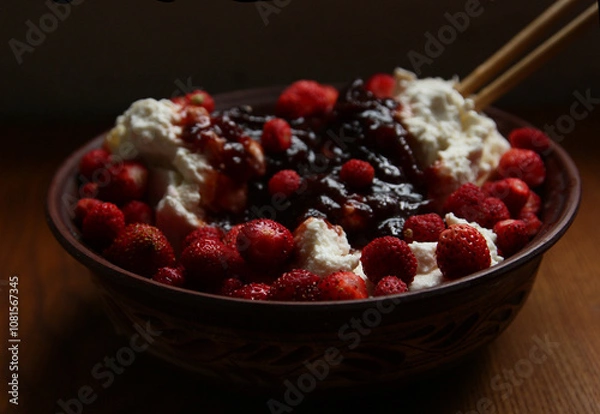 Fototapeta Delicious red fresh strawberries with cottage cheese in a clay plate on a wooden table.