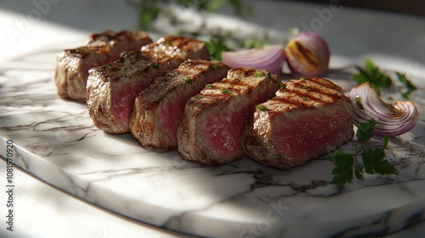 Fototapeta 8 Sliced steak with grilled onions, marble luxury background, soft lighting casting shadows, ultrarealistic texture