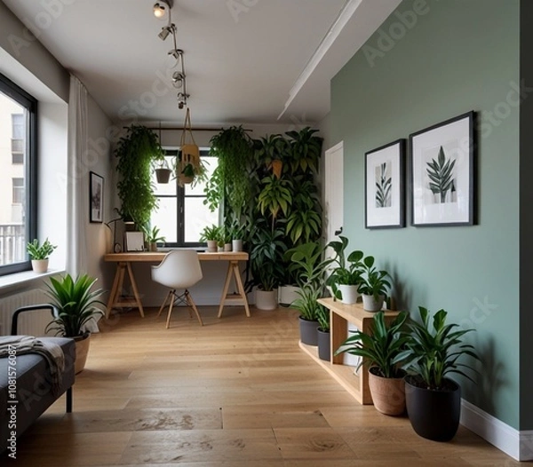 Fototapeta Modern workplace in room decorated with green potted plants Home design : Generative AI

