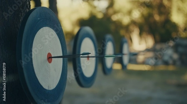 Fototapeta A archery range with targets and arrows, outdoor setting in soft sunlight, Classic style