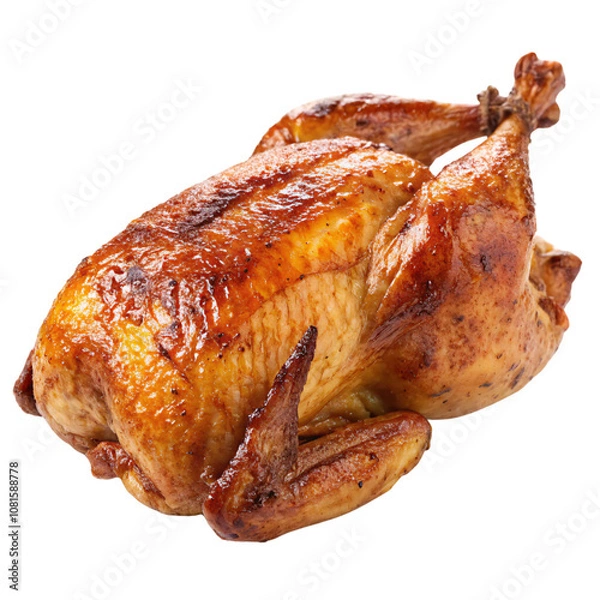 Obraz A view of a roasted chicken, slightly different angle, showcasing its plump, juicy appearance with browned skin and appealing texture, set against a transparent background