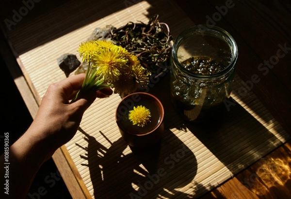 Obraz Dandelion honey jam, fresh and dried flowers in a beautiful aesthetic composition on the table.