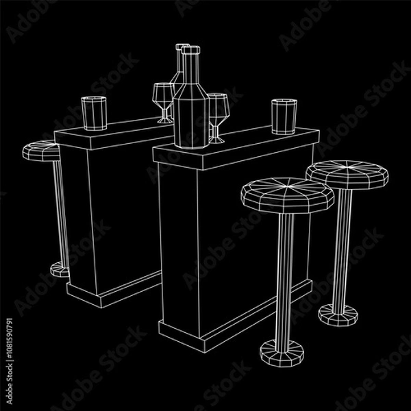 Fototapeta Bar counter with stools, bar top with bottles and glasses. Wireframe low poly mesh vector illustration.