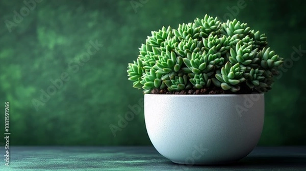 Fototapeta Succulent Plant in a Simple White Pot against a Green Background