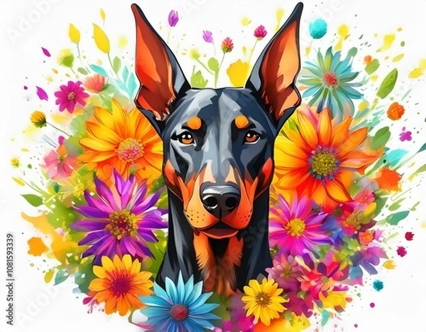 Fototapeta Doberman Pinscher head against colorful flower explosion background