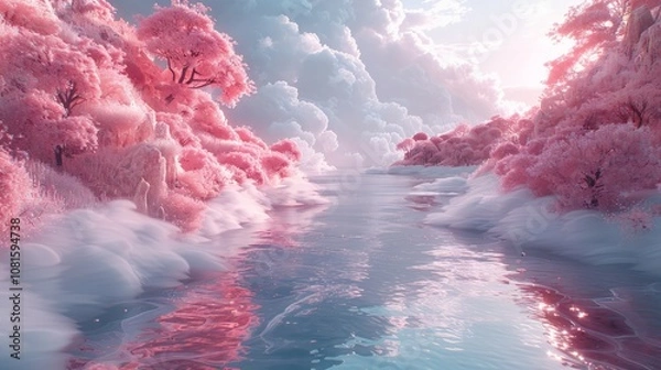 Fototapeta Dreamlike landscape with a pink background, featuring intricate details of flowing streams and blooming gardens.