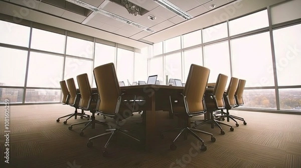 Fototapeta Modern Conference Room with Elegant Chairs and Technology, Overlooking a Cityscape Through Large Windows, Ideal for Business Meetings and Collaborations