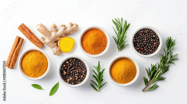 Obraz Bright and vibrant spices arranged in bowls with fresh herbs