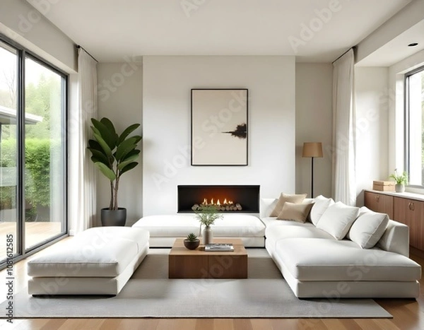 Fototapeta A modern and minimalist living room with a large white sectional sofa, a wooden coffee table, and a framed abstract artwork on the wall. The room has a warm and cozy atmosphere with natural lighting.