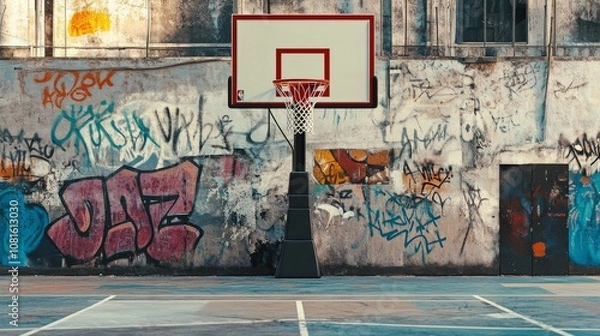 Obraz A basketball court with a hoop and scoreboard, urban setting with graffiti on walls, Street style