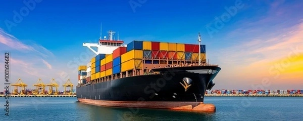 Obraz A massive cargo ship loaded with colorful containers sails across a calm sea under a vibrant sunset, showcasing the beauty of maritime transport.