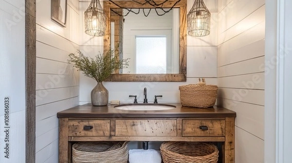 Fototapeta Farmhouse-style bathroom, shiplap walls, reclaimed wood vanity, vintage metal lighting, and woven baskets 