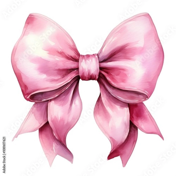 Fototapeta Delicate pastel pink bow rendered in watercolor with soft shading creating an ethereal floating effect. Generative AI