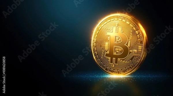 Fototapeta Glowing bitcoin coin digital finance vector illustration dark background close-up view cryptocurrency concept