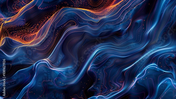 Fototapeta Abstract Flowing Waves in Dark Blue and Orange with Smooth Textures and Depth