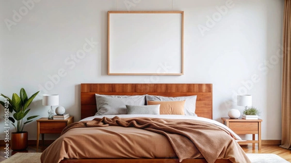 Fototapeta Minimalistic light bedroom with blank white wall art mockup.Blank Scandinavian interior poster template for your design,illustration or seamless pattern.