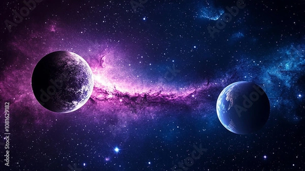Fototapeta Two planets in a vast and colorful galaxy.