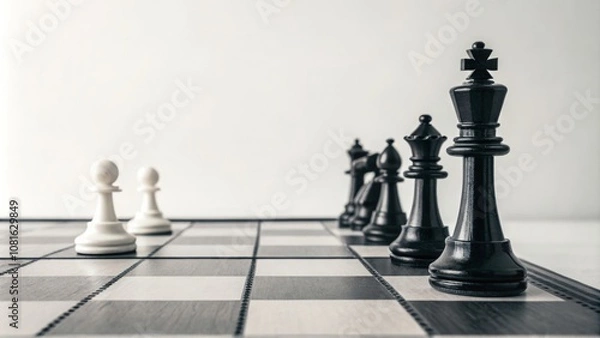 Fototapeta Chess game in progress with black and white pieces on a wooden board during a quiet afternoon indoors