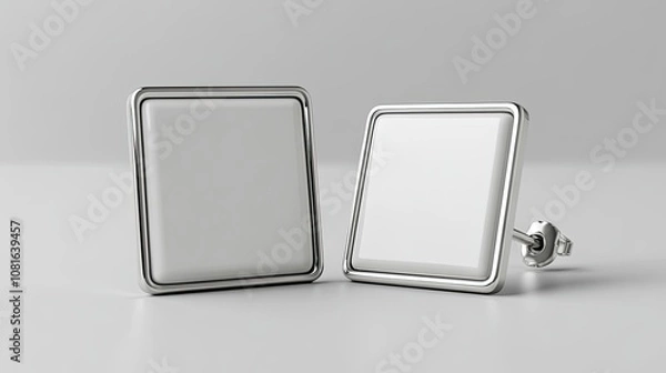 Fototapeta Mockup of a white enamel pin, front and back views, 3D rendering. Mockup of an empty luxury hard lapel badge. Silver clasp-pin design template. Mockup of a matte square brooch for the presentation