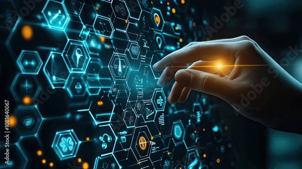 Fototapeta Medicinal icons on hexagons made into a pyramid with a hand holding the top element. Health care plane, patient service digital technology, AI integration, futuristic pharmacy innovation concept. 