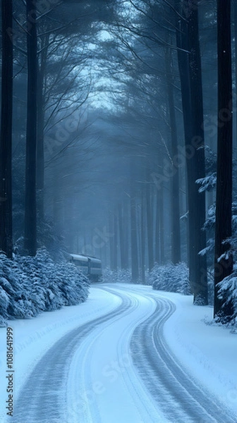Fototapeta A winding road through a snow-covered forest, with tire tracks leading into the mist.