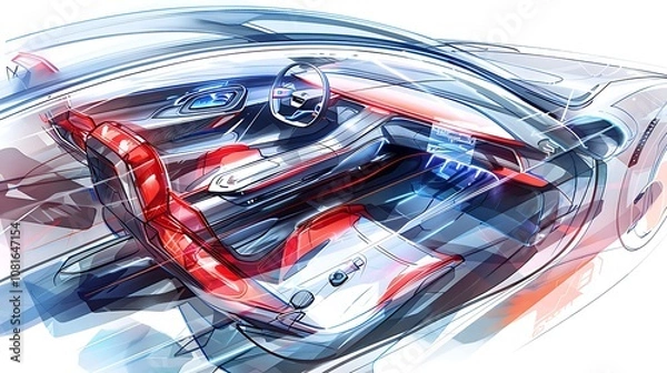 Fototapeta A detailed sketch of a concept cara??s interior, showcasing futuristic controls and seating.