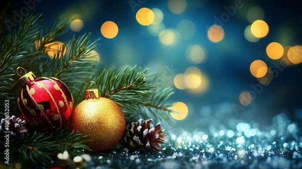 Fototapeta Close-up of two Christmas balls with pine cones between pine branches. Dark night background with blurred lights and bokeh effect. Christmas, xmas, winter, season, new year, year end, holiday, Event.