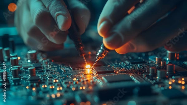 Obraz Soldering Iron Closeup on Circuit Board - Technology Photo