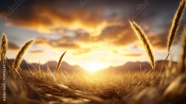 Obraz A field of ripe wheat with the sun setting in the background